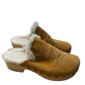 Anthropologie Pilcro Brown Suede Shearling Lined Wooden Clog Mule Womens Size 6